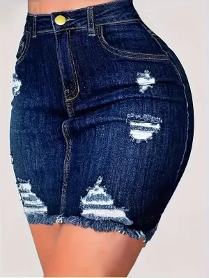 Autumn Women Fashion Denim Skirt Ripped Hip Distressed High Waist Button  Pencil Skirts Female Casual Summer Jeans