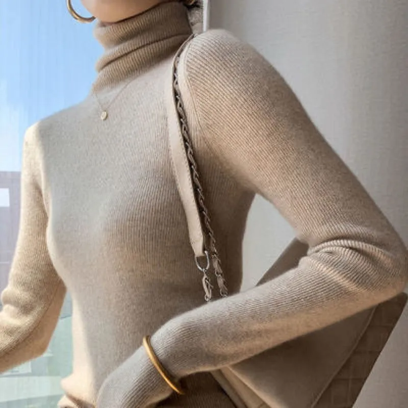 Beige Turtle Neck Flat Knit Top