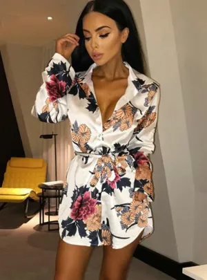 BerryBetty - Floral Print Notched Dress Women Summer Long Sleeve Sexy Split