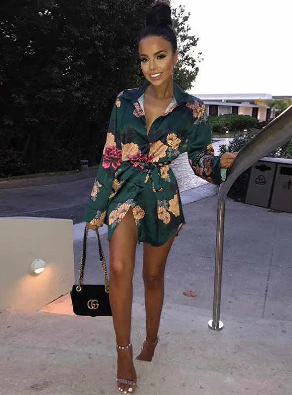BerryBetty - Floral Print Notched Dress Women Summer Long Sleeve Sexy Split