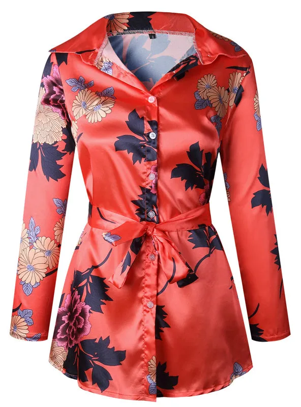 BerryBetty - Floral Print Notched Dress Women Summer Long Sleeve Sexy Split