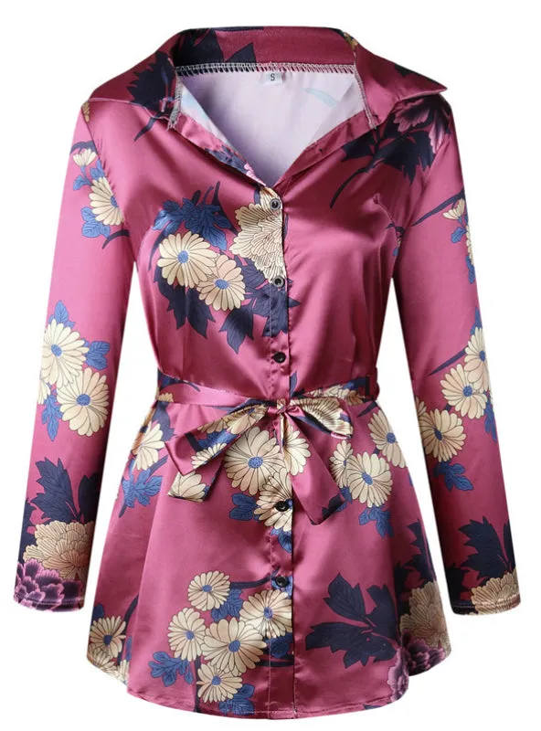 BerryBetty - Floral Print Notched Dress Women Summer Long Sleeve Sexy Split