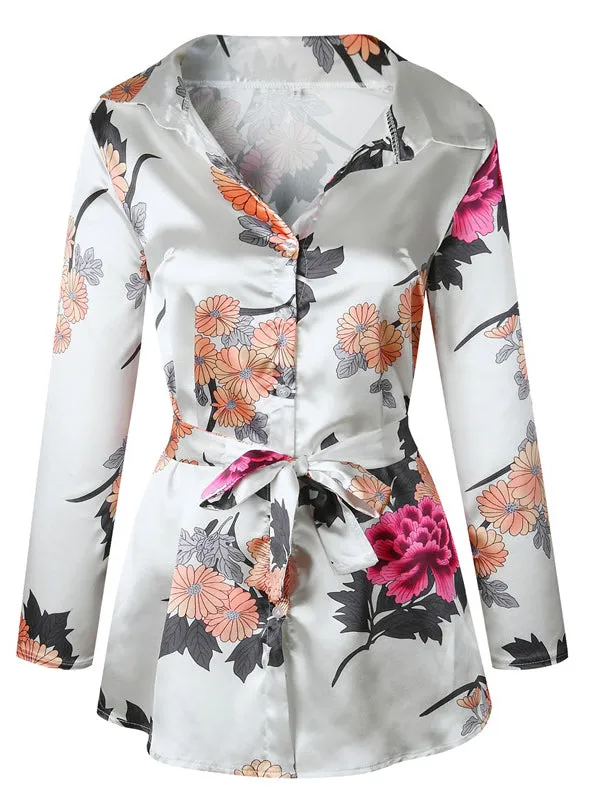 BerryBetty - Floral Print Notched Dress Women Summer Long Sleeve Sexy Split