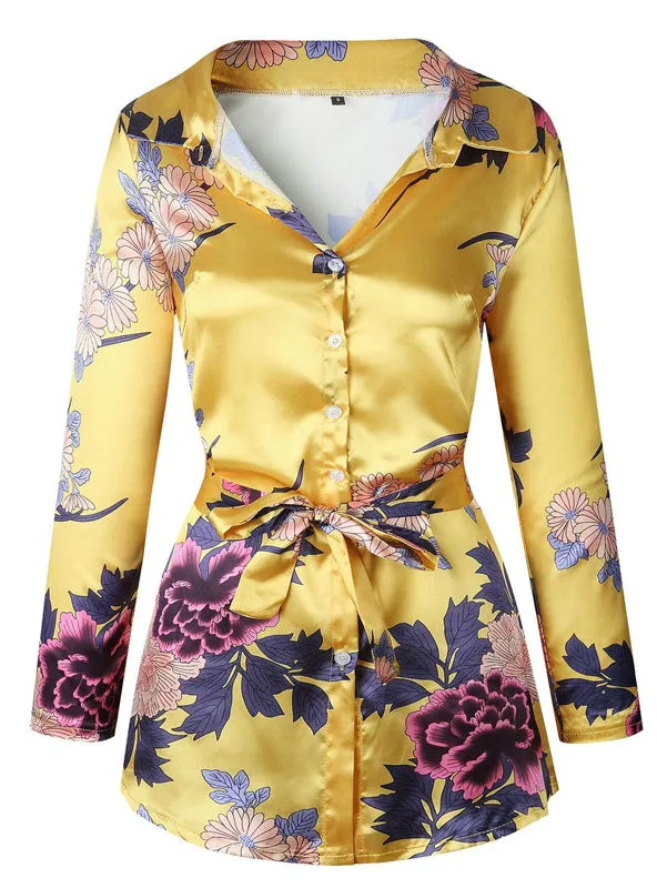 BerryBetty - Floral Print Notched Dress Women Summer Long Sleeve Sexy Split