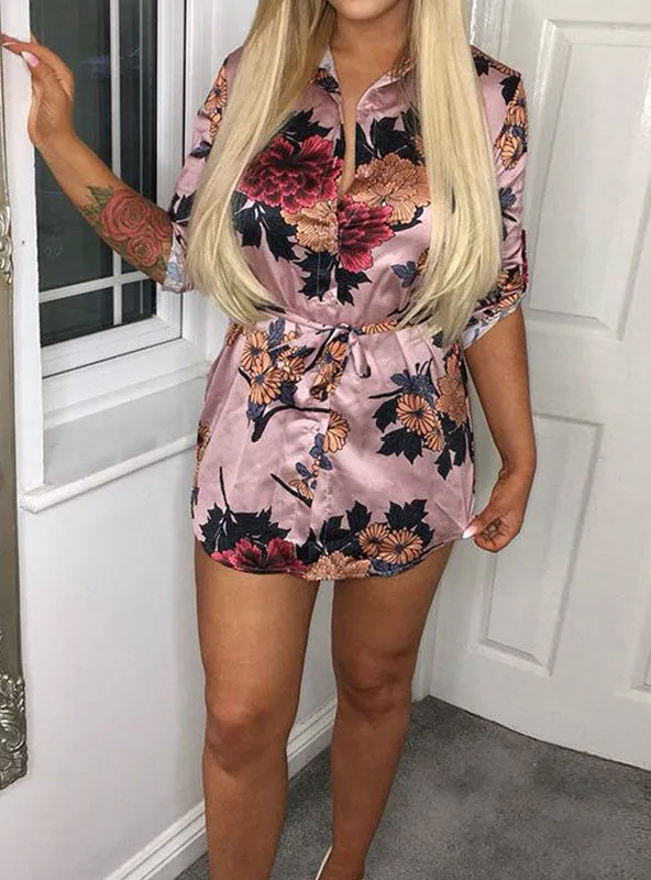 BerryBetty - Floral Print Notched Dress Women Summer Long Sleeve Sexy Split