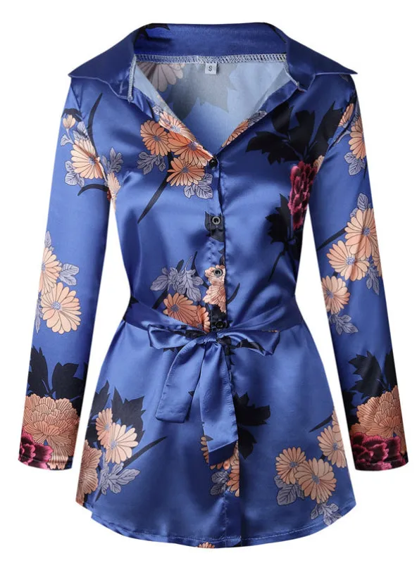 BerryBetty - Floral Print Notched Dress Women Summer Long Sleeve Sexy Split