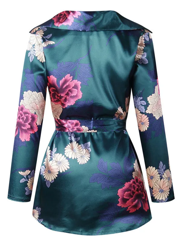 BerryBetty - Floral Print Notched Dress Women Summer Long Sleeve Sexy Split