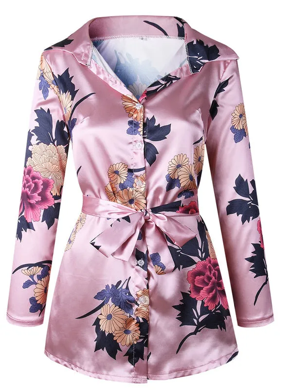 BerryBetty - Floral Print Notched Dress Women Summer Long Sleeve Sexy Split