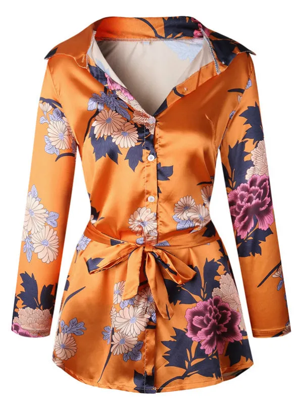 BerryBetty - Floral Print Notched Dress Women Summer Long Sleeve Sexy Split