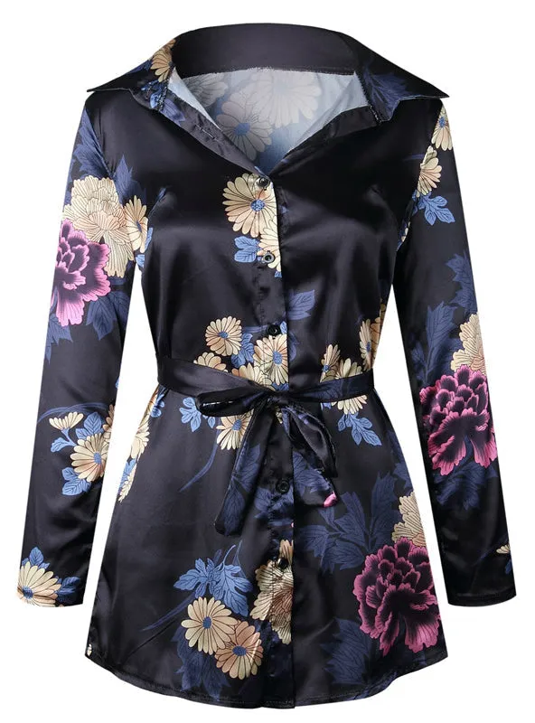 BerryBetty - Floral Print Notched Dress Women Summer Long Sleeve Sexy Split