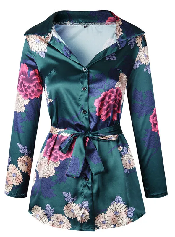 BerryBetty - Floral Print Notched Dress Women Summer Long Sleeve Sexy Split