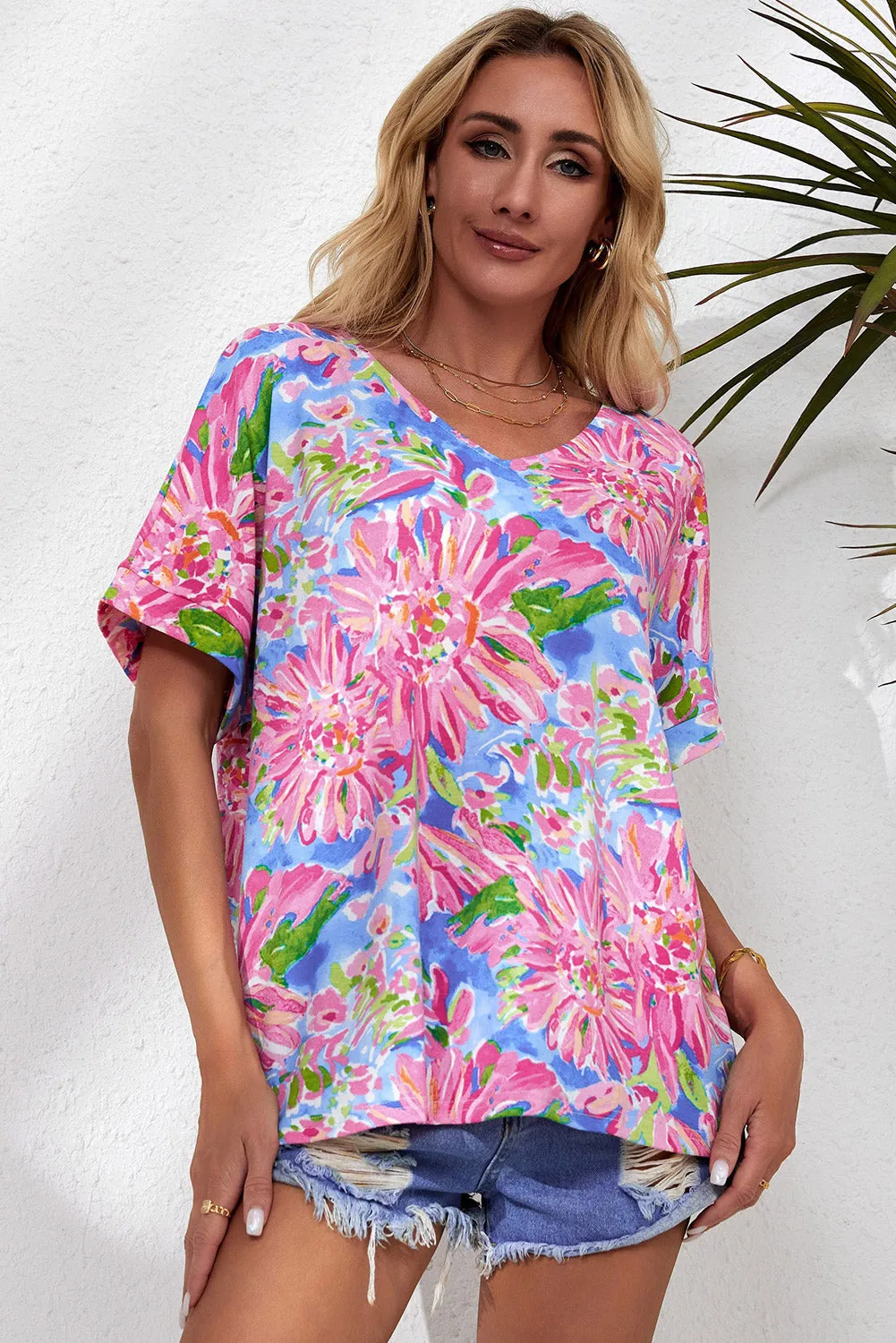 Bloemen V-Hals Korte Mouw Blouse