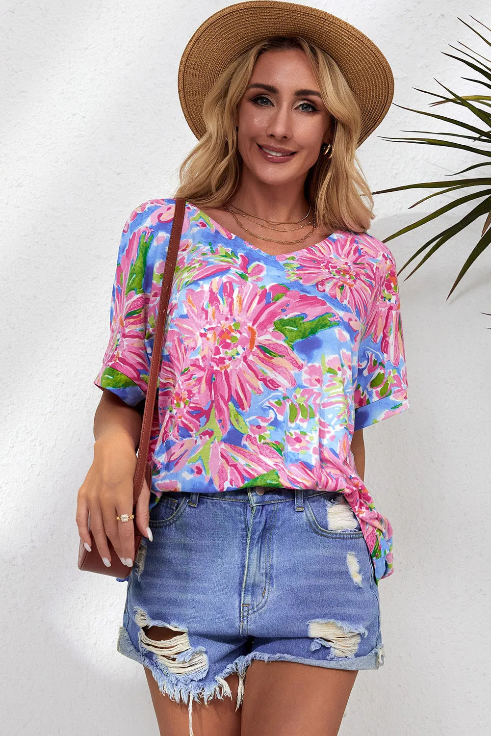 Bloemen V-Hals Korte Mouw Blouse