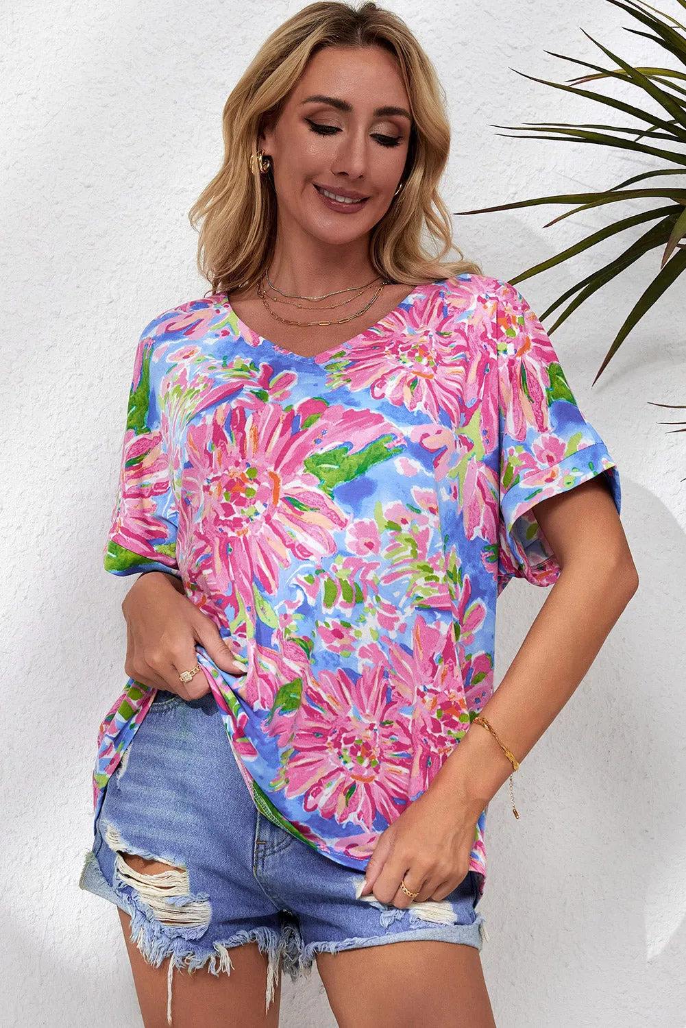 Bloemen V-Hals Korte Mouw Blouse