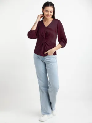 Burgundy Red Solid V-Neck Top
