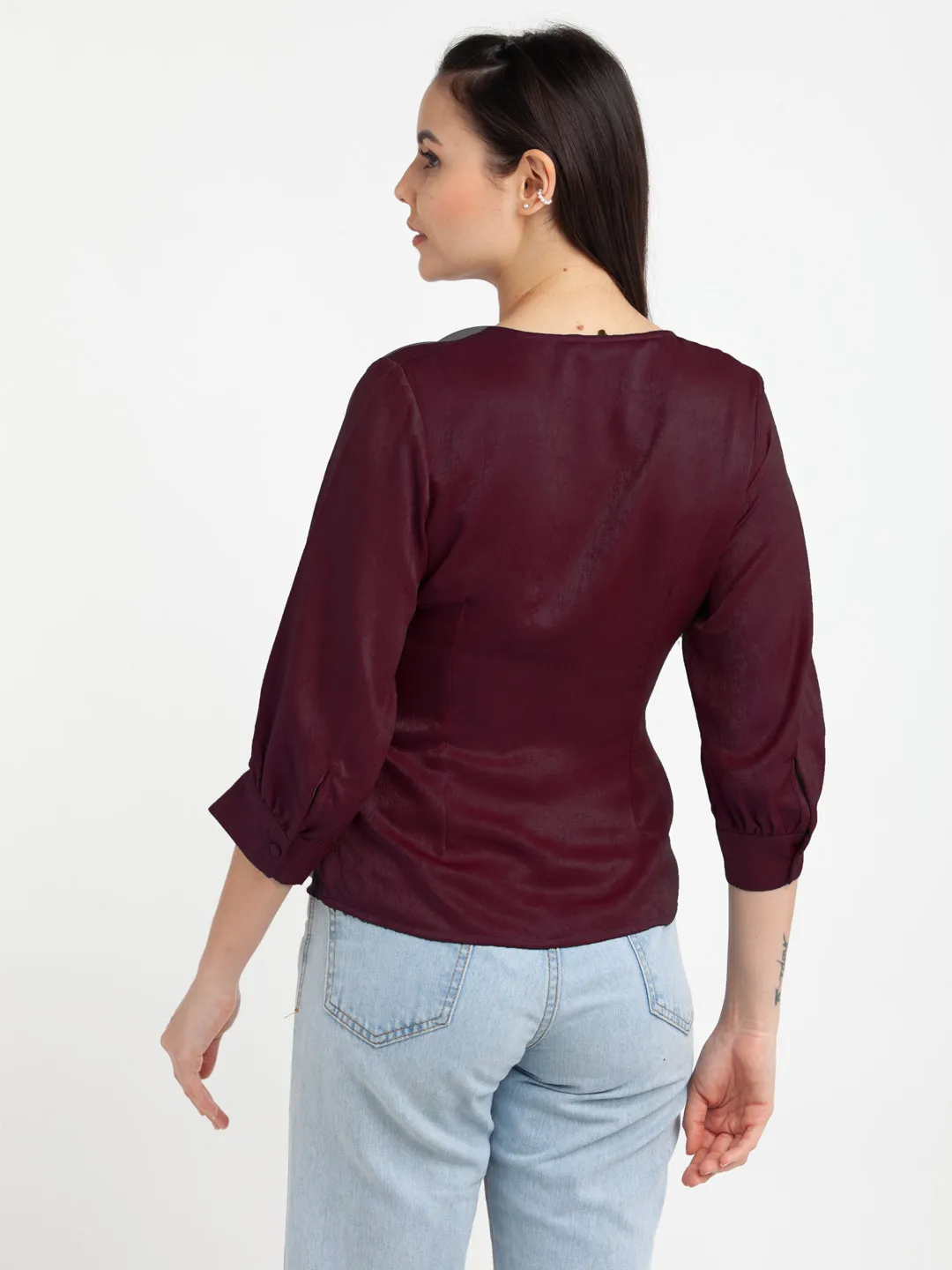 Burgundy Red Solid V-Neck Top