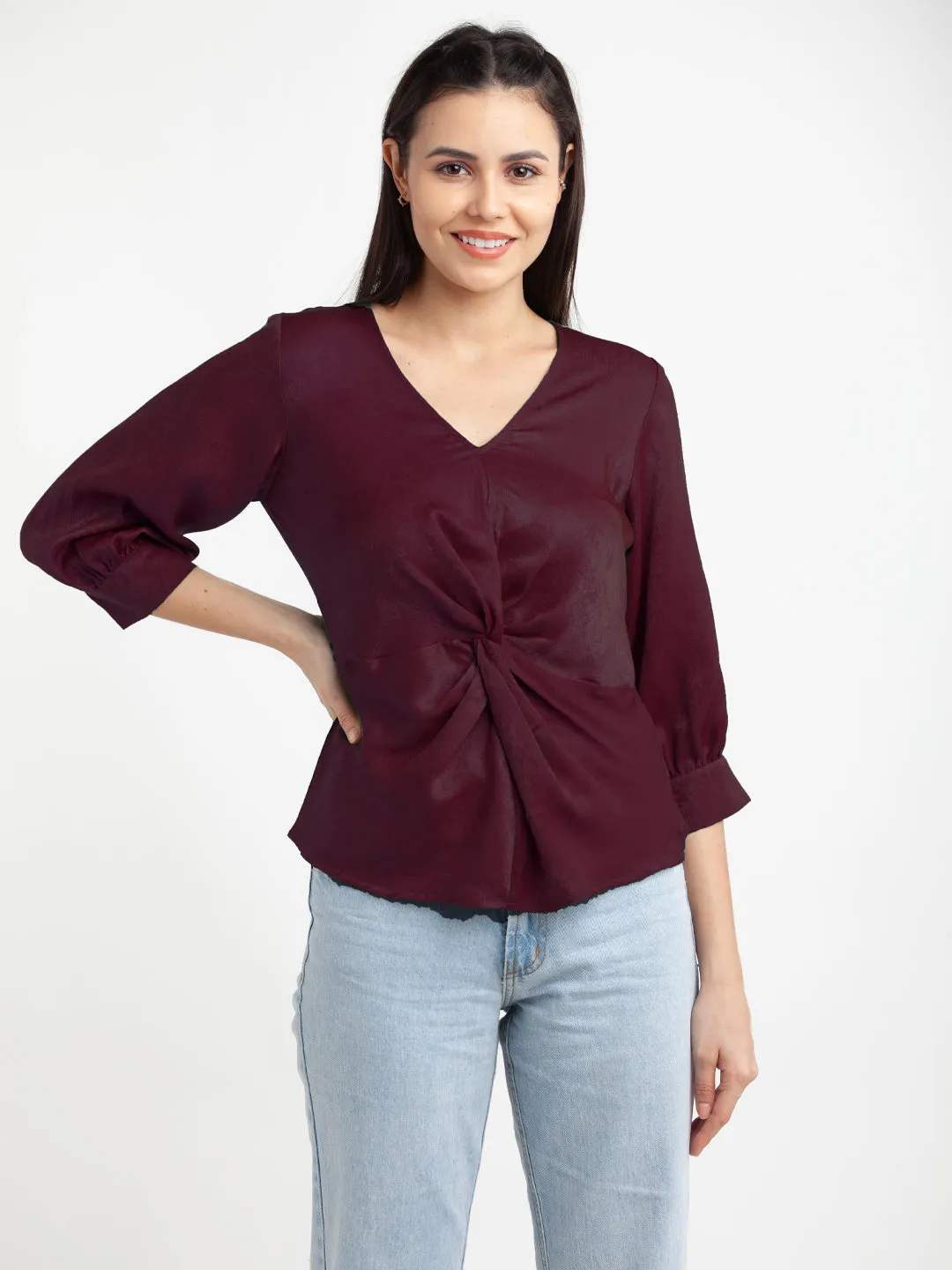 Burgundy Red Solid V-Neck Top
