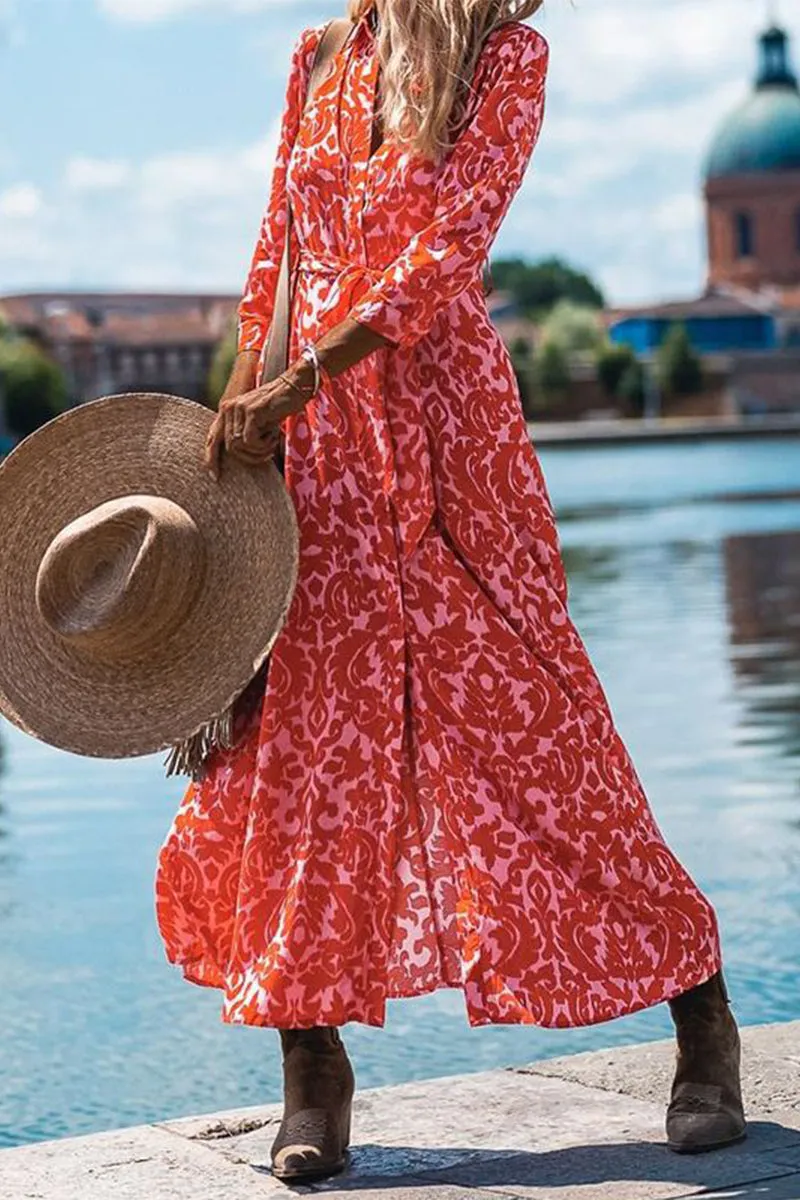 Casual Vacation Floral Frenulum Turndown Collar Shirt Dresses