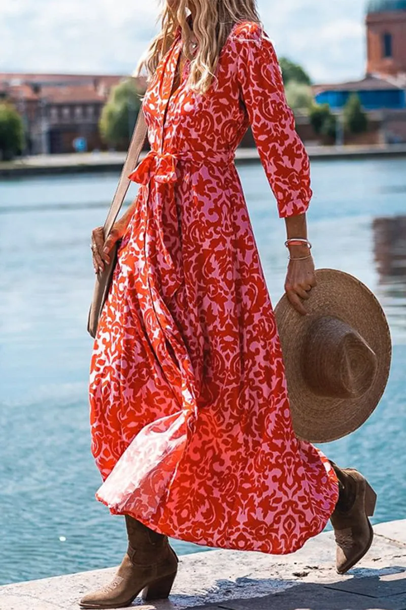 Casual Vacation Floral Frenulum Turndown Collar Shirt Dresses