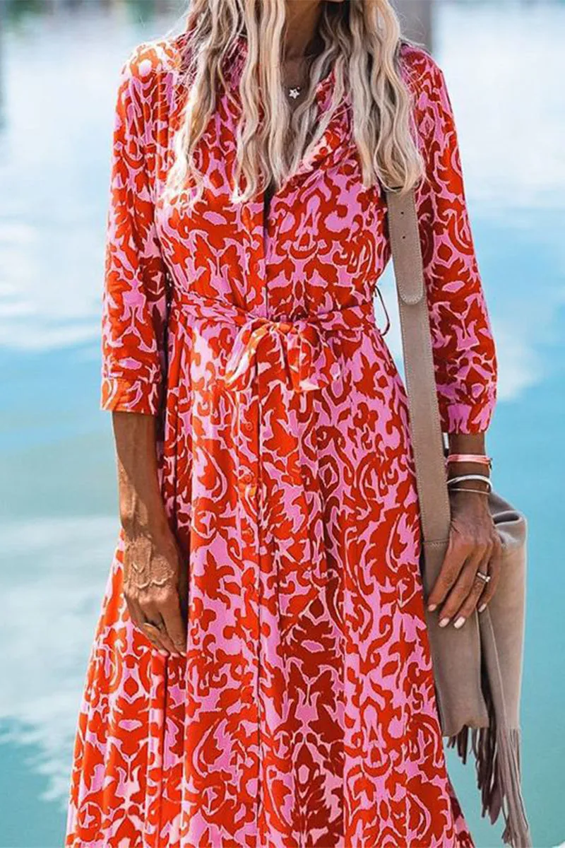 Casual Vacation Floral Frenulum Turndown Collar Shirt Dresses