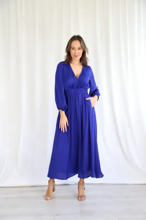 Cobalt Blue Long Sleeve Silk "Indiana" Maxi Style Dress