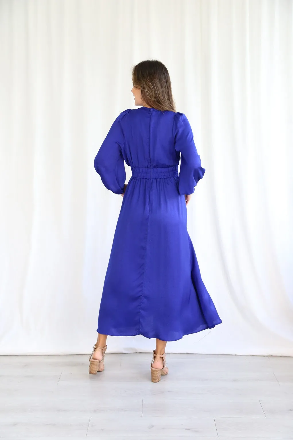 Cobalt Blue Long Sleeve Silk "Indiana" Maxi Style Dress