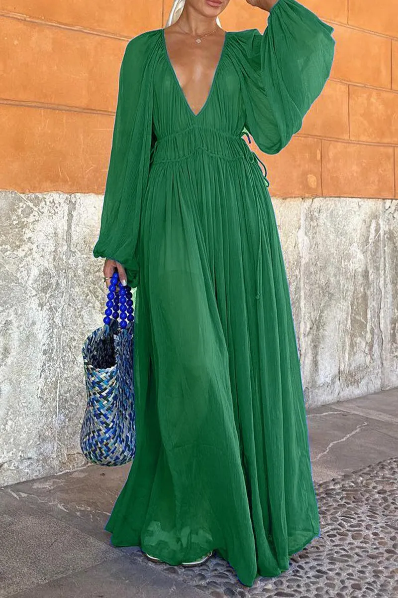 Elegant Solid Fold V Neck Waist Skirt Dresses