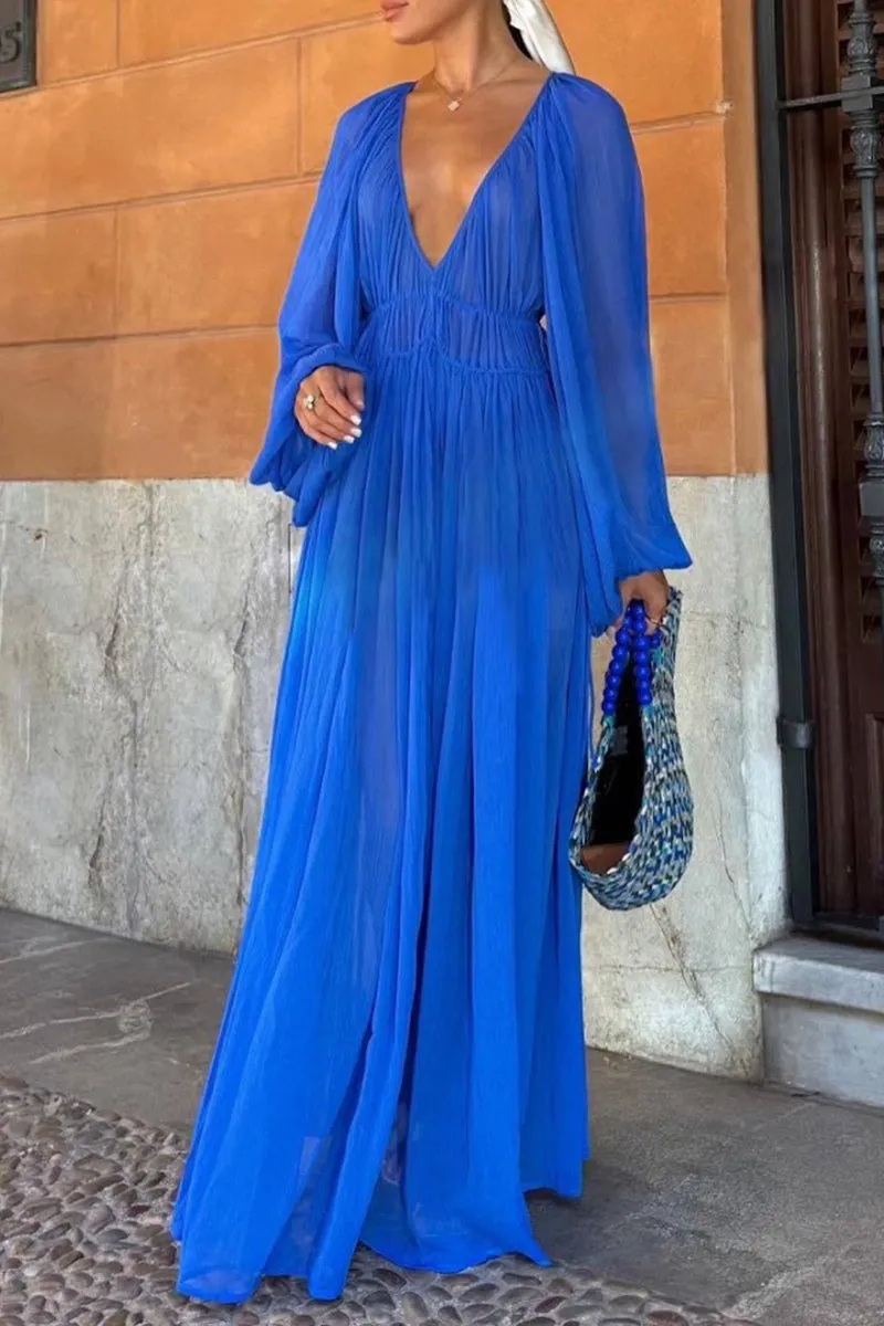 Elegant Solid Fold V Neck Waist Skirt Dresses