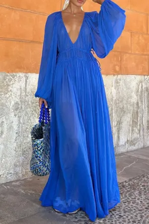 Elegant Solid Fold V Neck Waist Skirt Dresses