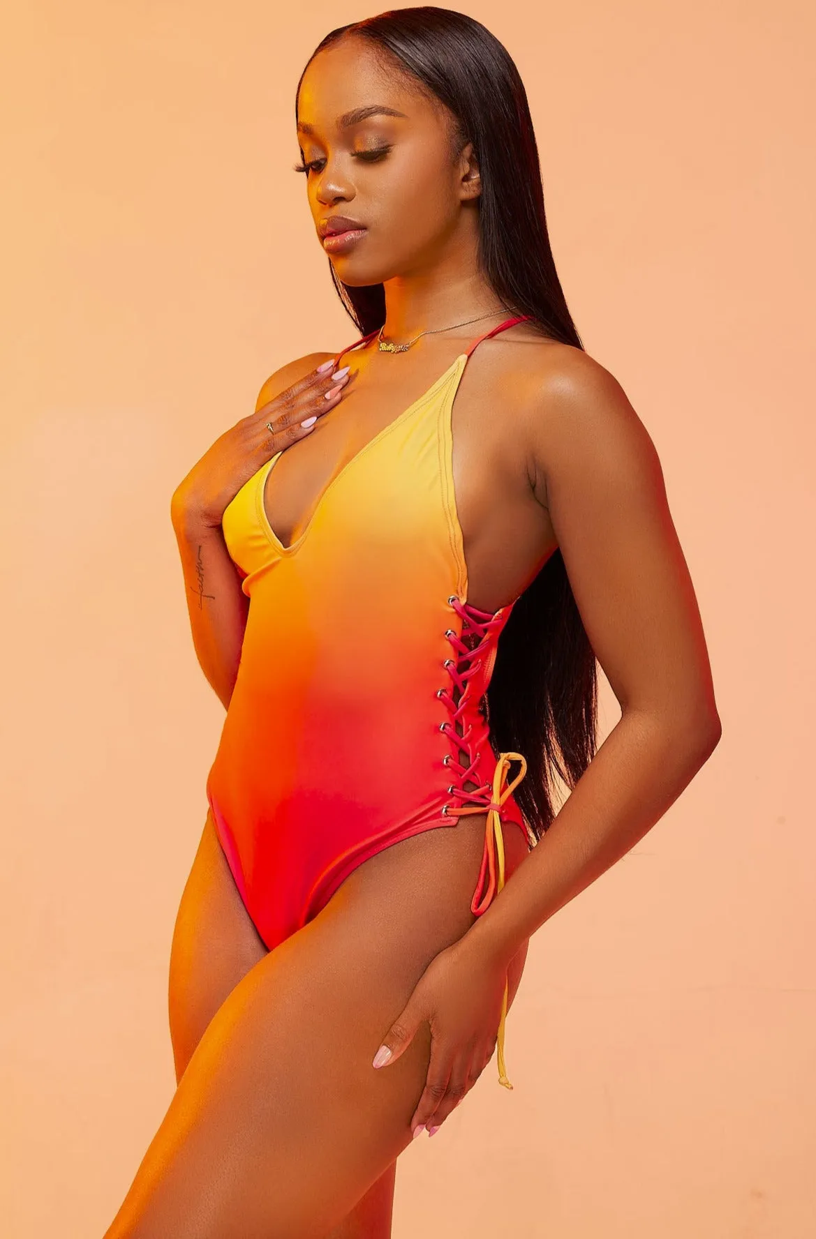 Fire Lace-up Side One Piece Swimsuit
