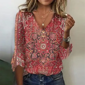 Helena - Red print top with 3/4 sleeves and V-neckline