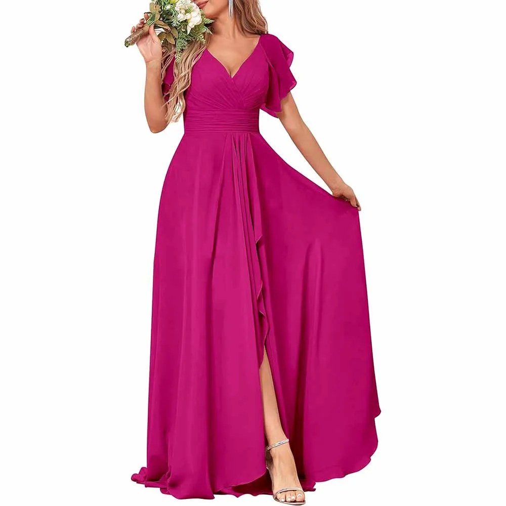 Long Bridesmaid Dresses Wedding Short Sleeve Formal Dress Chiffon Evening Gown