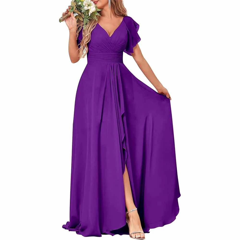Long Bridesmaid Dresses Wedding Short Sleeve Formal Dress Chiffon Evening Gown