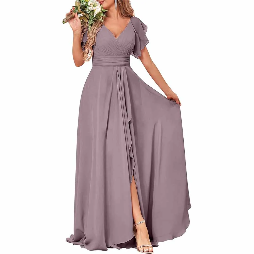 Long Bridesmaid Dresses Wedding Short Sleeve Formal Dress Chiffon Evening Gown