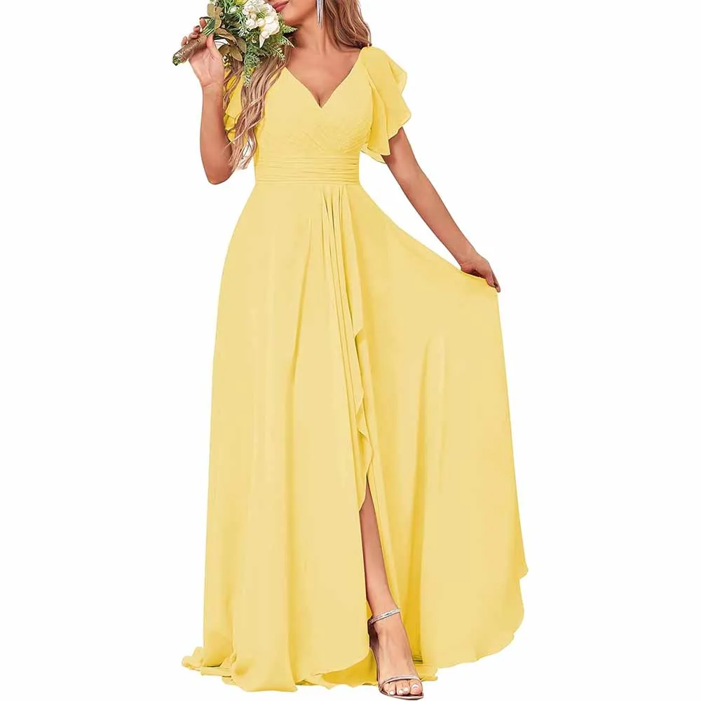 Long Bridesmaid Dresses Wedding Short Sleeve Formal Dress Chiffon Evening Gown