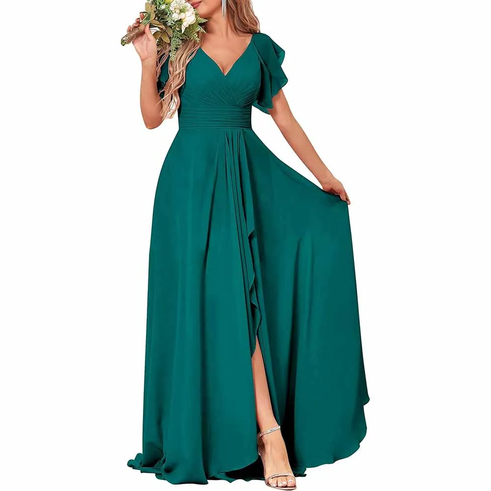 Long Bridesmaid Dresses Wedding Short Sleeve Formal Dress Chiffon Evening Gown