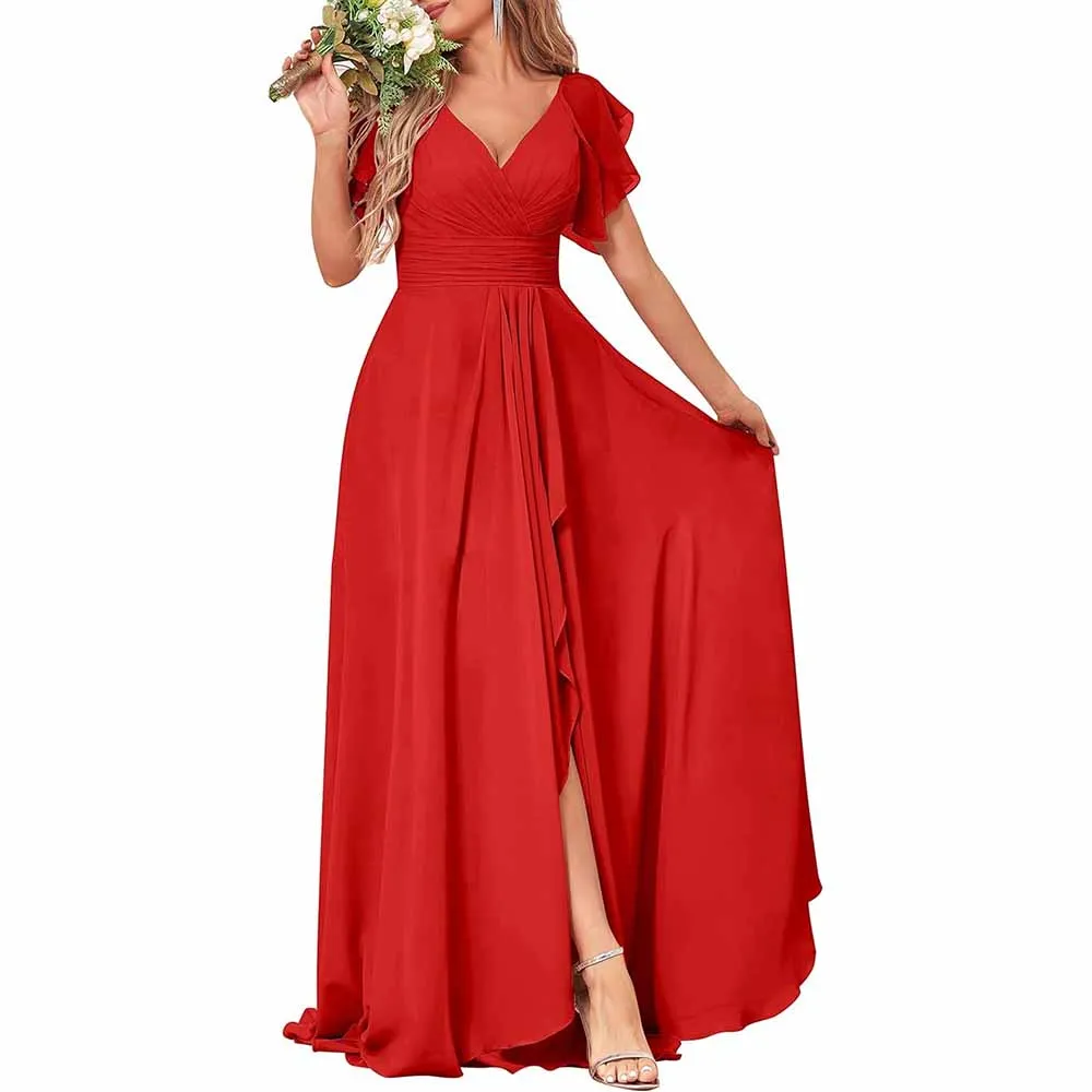 Long Bridesmaid Dresses Wedding Short Sleeve Formal Dress Chiffon Evening Gown