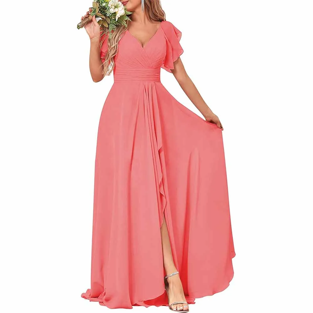 Long Bridesmaid Dresses Wedding Short Sleeve Formal Dress Chiffon Evening Gown