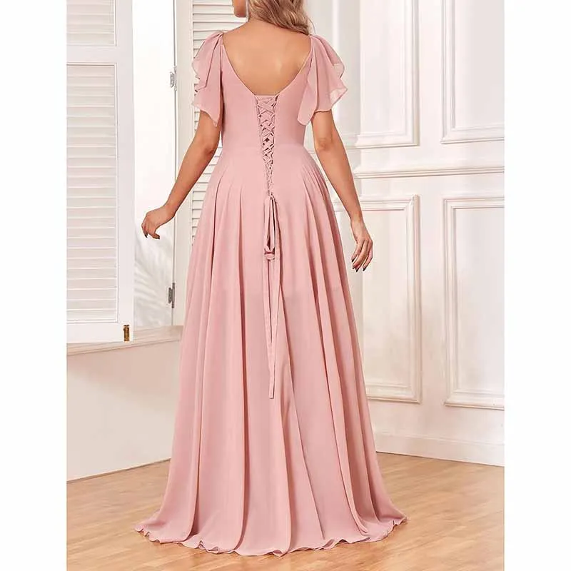Long Bridesmaid Dresses Wedding Short Sleeve Formal Dress Chiffon Evening Gown