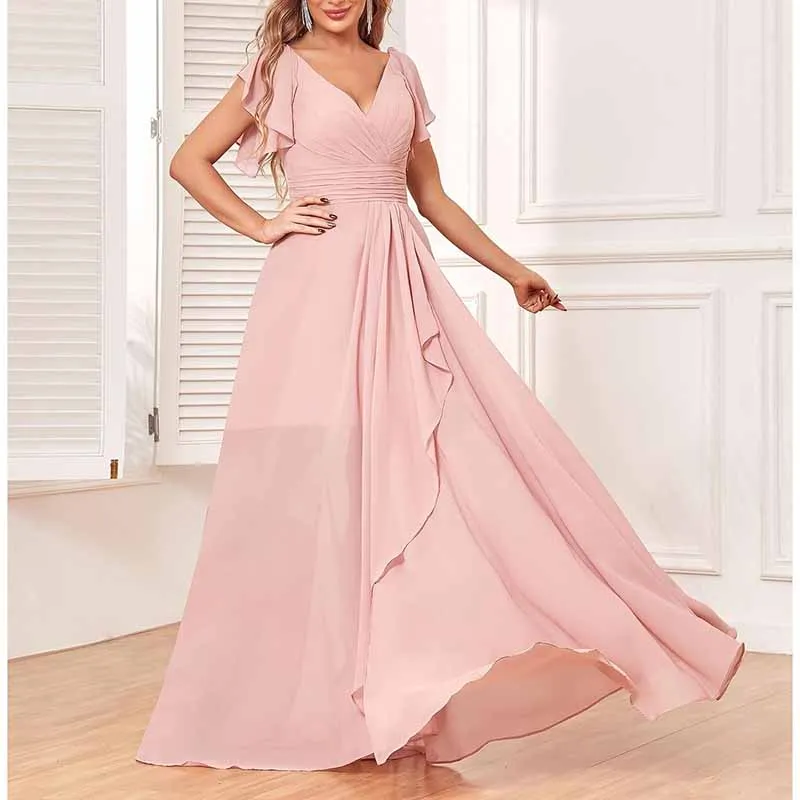 Long Bridesmaid Dresses Wedding Short Sleeve Formal Dress Chiffon Evening Gown