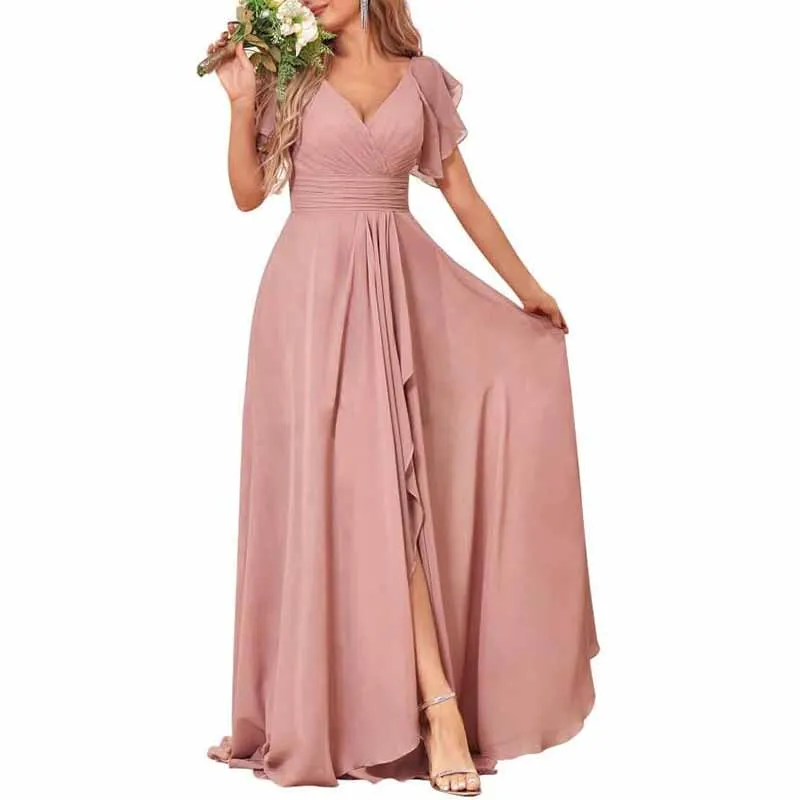 Long Bridesmaid Dresses Wedding Short Sleeve Formal Dress Chiffon Evening Gown