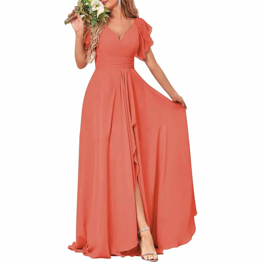 Long Bridesmaid Dresses Wedding Short Sleeve Formal Dress Chiffon Evening Gown