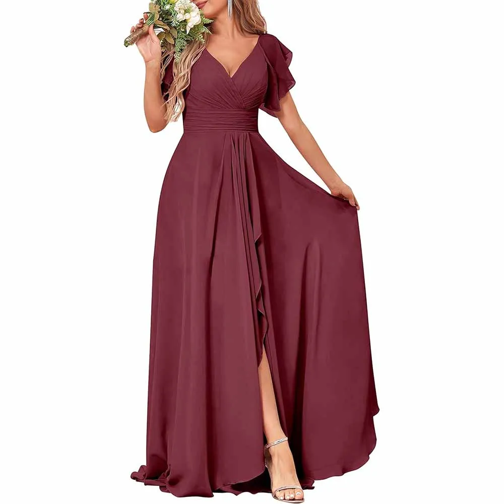 Long Bridesmaid Dresses Wedding Short Sleeve Formal Dress Chiffon Evening Gown
