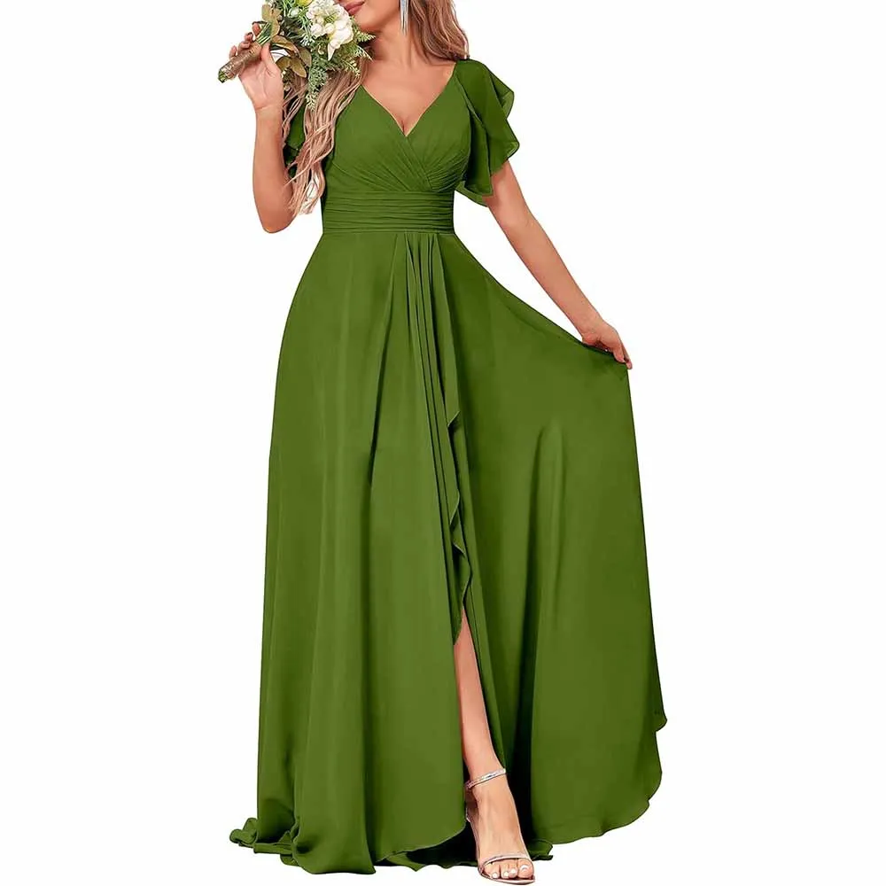 Long Bridesmaid Dresses Wedding Short Sleeve Formal Dress Chiffon Evening Gown