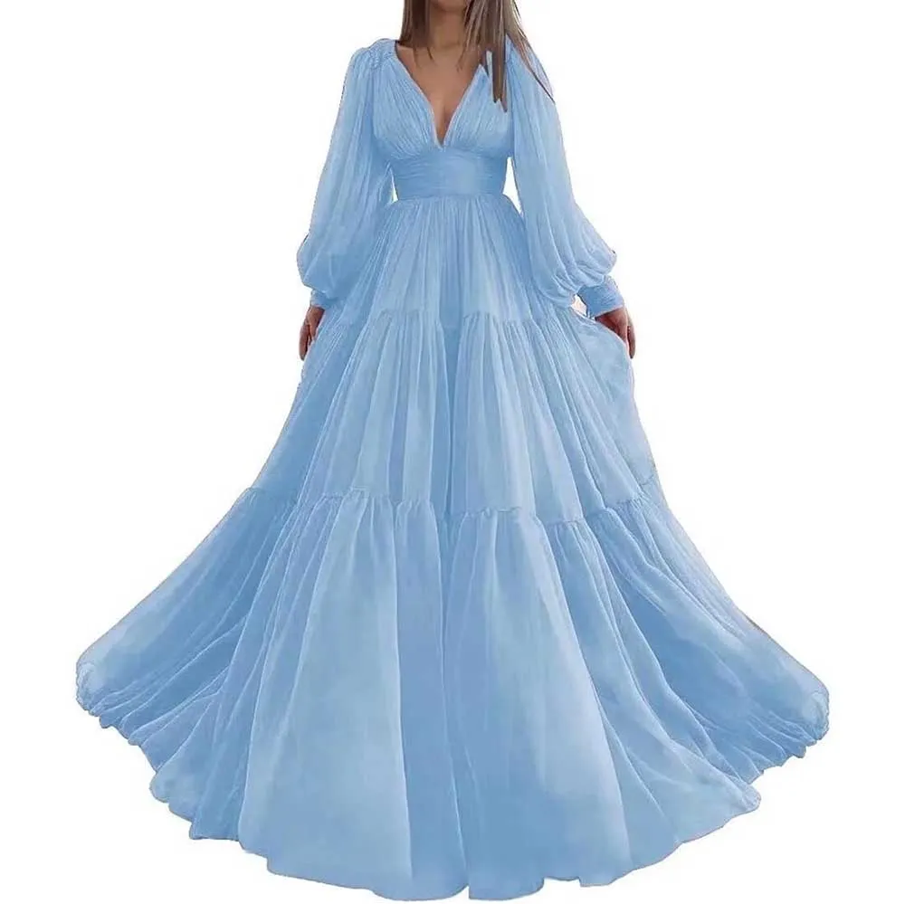 Long Sleeve Tulle Prom Dresses V Neck Formal Long Princess Dress Wedding Gown