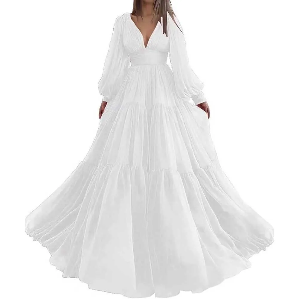 Long Sleeve Tulle Prom Dresses V Neck Formal Long Princess Dress Wedding Gown