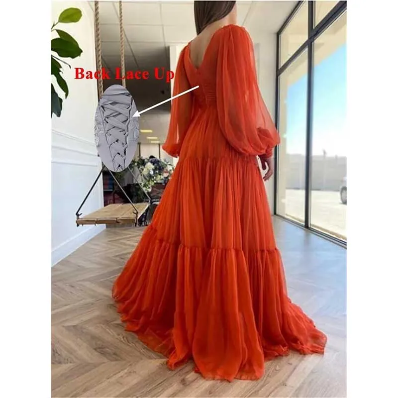 Long Sleeve Tulle Prom Dresses V Neck Formal Long Princess Dress Wedding Gown