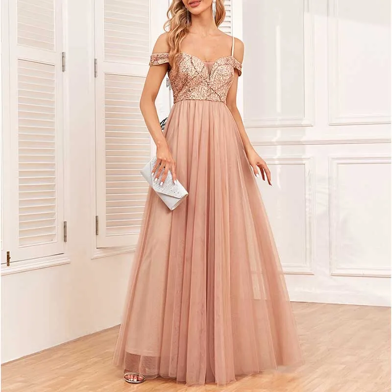 Rose Gold Long Prom Dress Off The Shoulder A Line Sequin Bridesmaid Dress