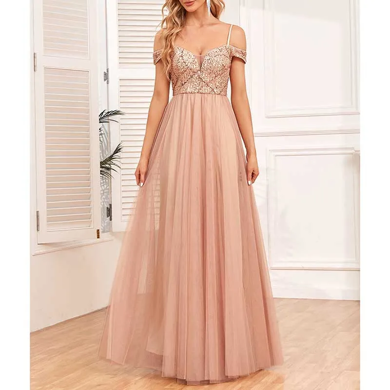 Rose Gold Long Prom Dress Off The Shoulder A Line Sequin Bridesmaid Dress