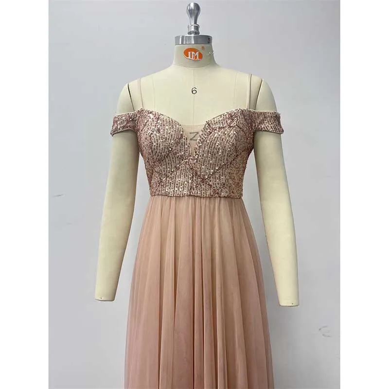 Rose Gold Long Prom Dress Off The Shoulder A Line Sequin Bridesmaid Dress